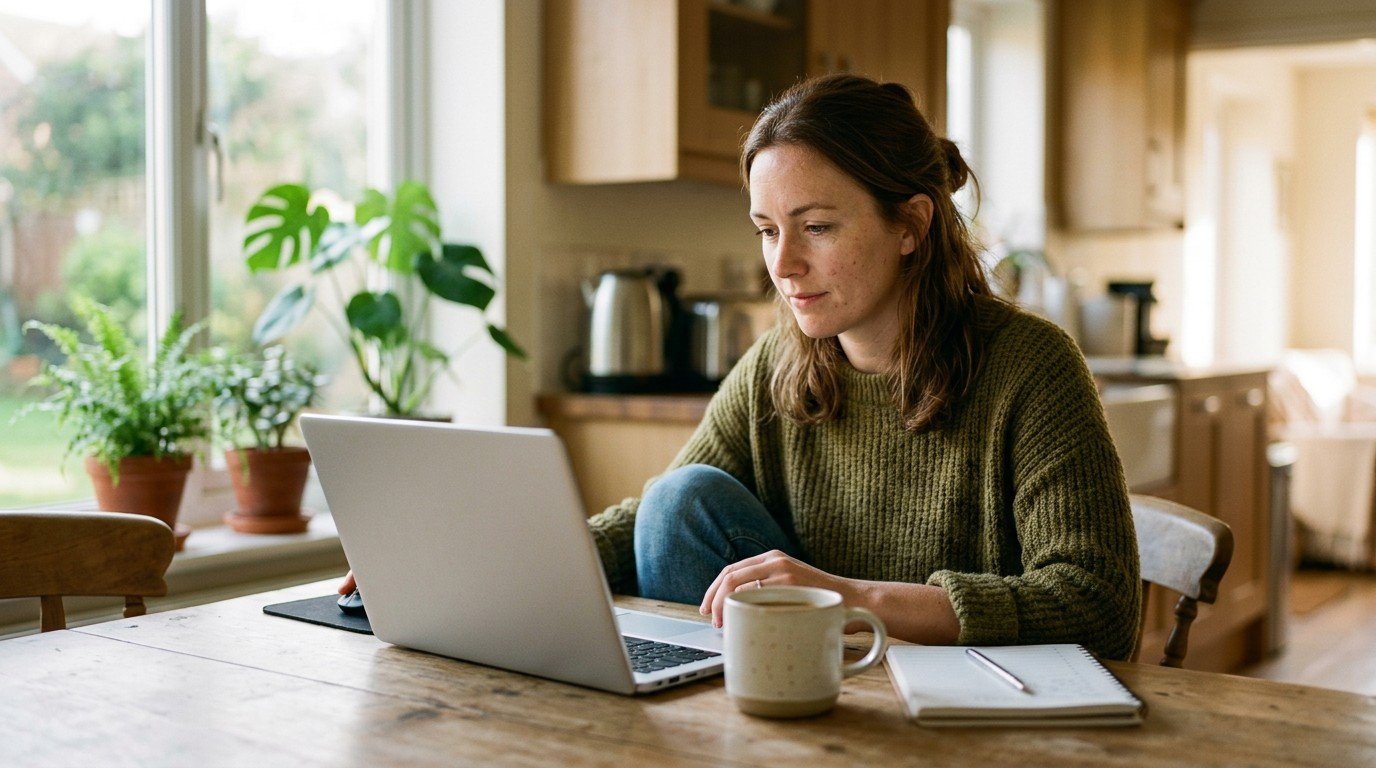 Applicant at a kitchen table reading an AI training platform sign up page on a laptop