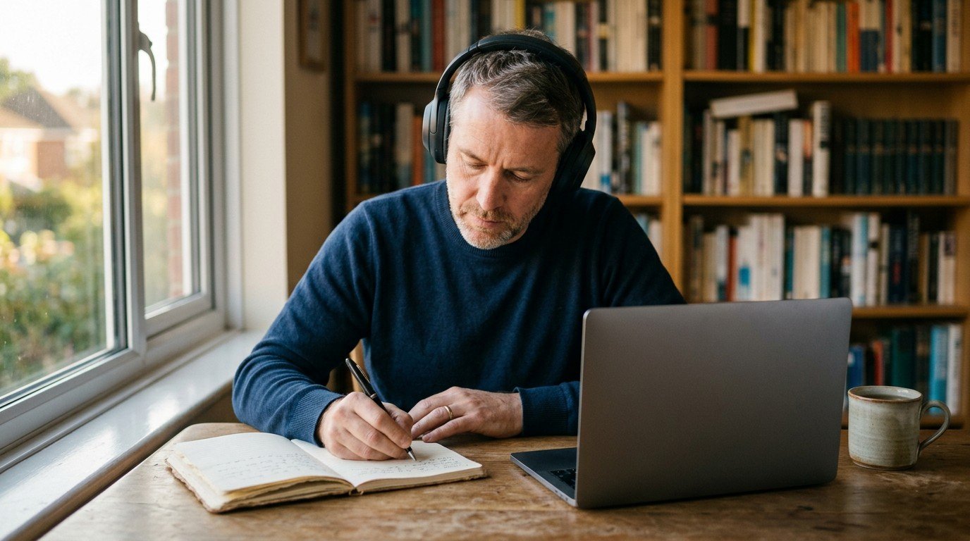 Specialist taking notes beside a laptop at a home desk with headphones on