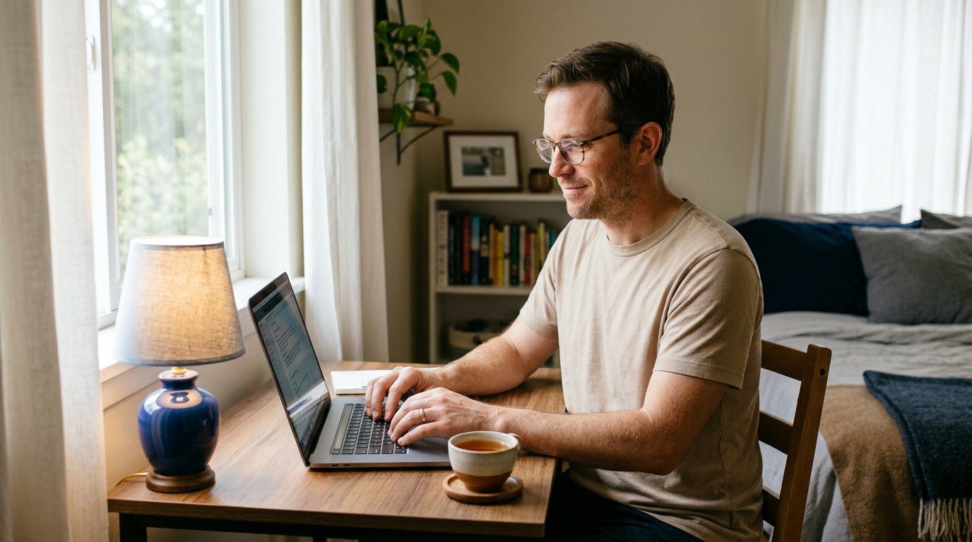 A man looks for remote anthropic jobs from his modest home office desk.