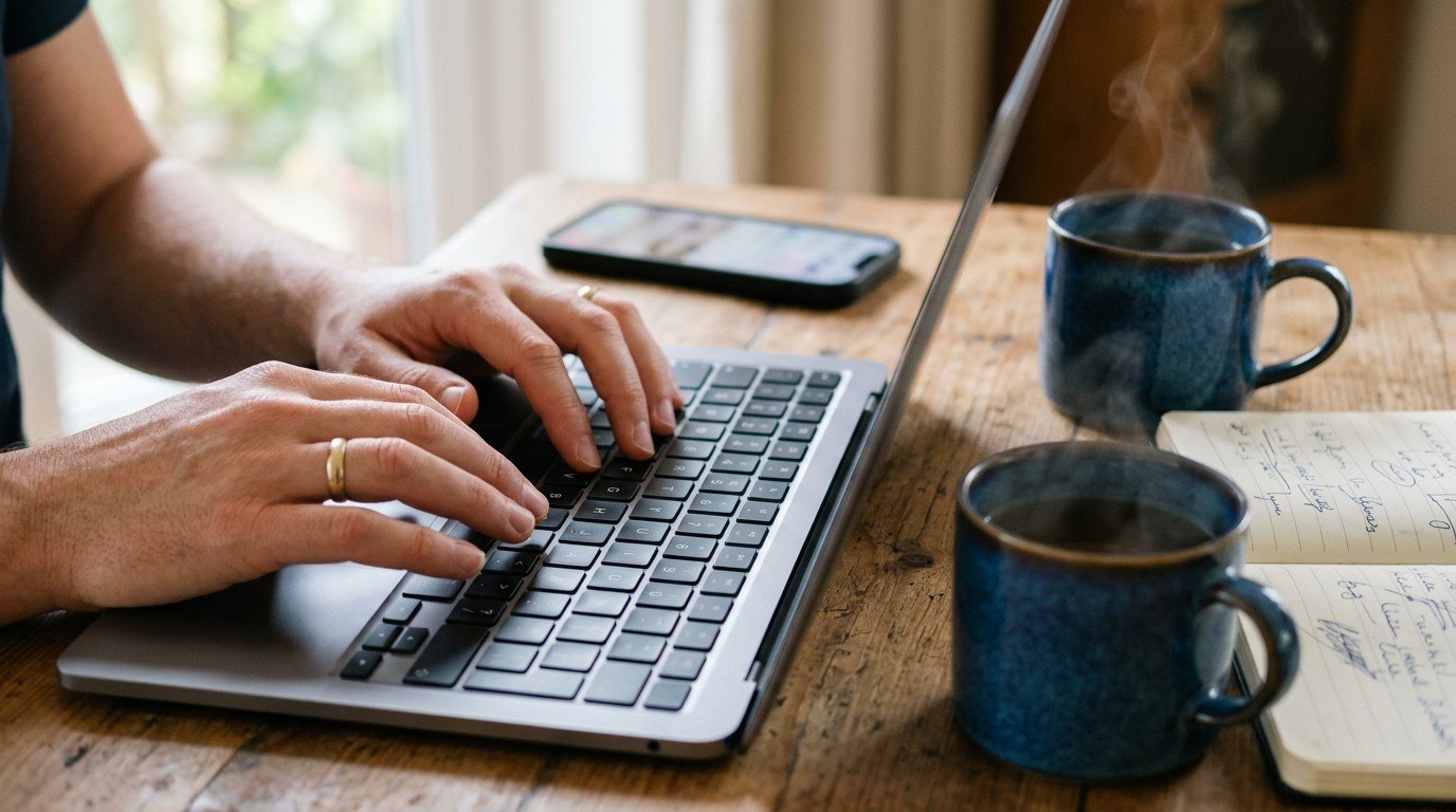 A close up of hands typing on a laptop near a notebook while researching ai trainer jobs.