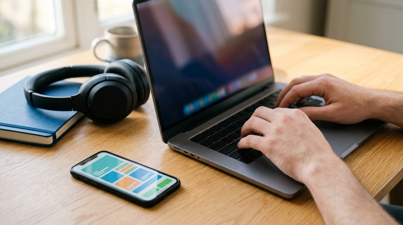 A close up of a desk setup used for finding scale ai careers with a laptop and phone.