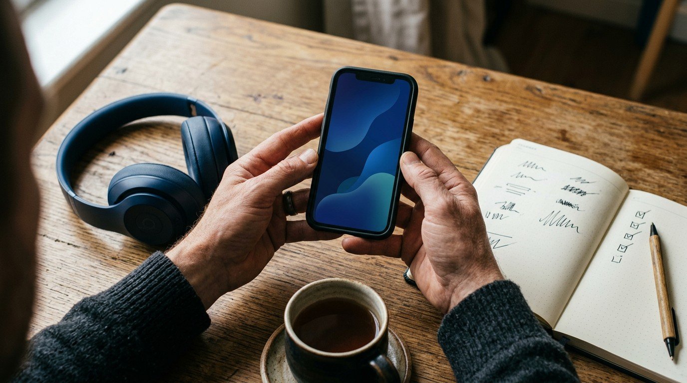 Close up of hands holding a smartphone beside headphones and a planner, the everyday kit of ai jobs remote.