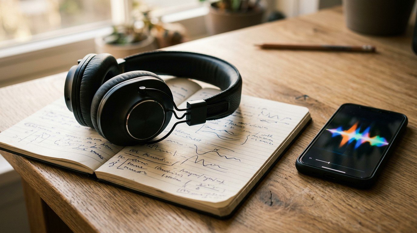 Headphones rest on a notebook as creators use ai to improve engagement on your webpages with audio.