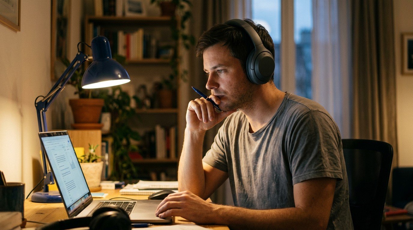 A man wearing headphones contemplates his screen while preparing for new ai trainer jobs.