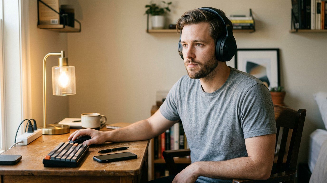 A man wearing headphones at his desk researching remote openai careers opportunities.