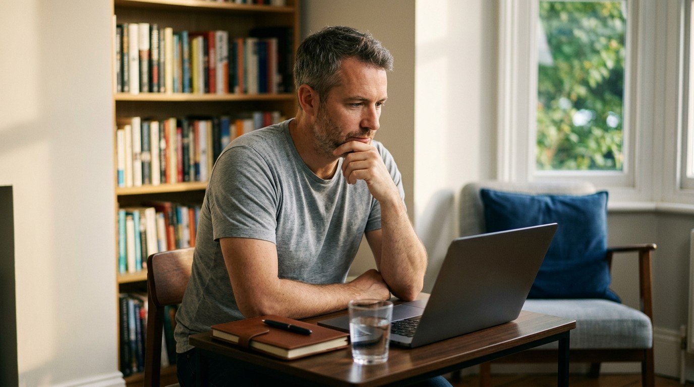 A thoughtful man reviews the fine print on his screen before applying to ai jobs remote.