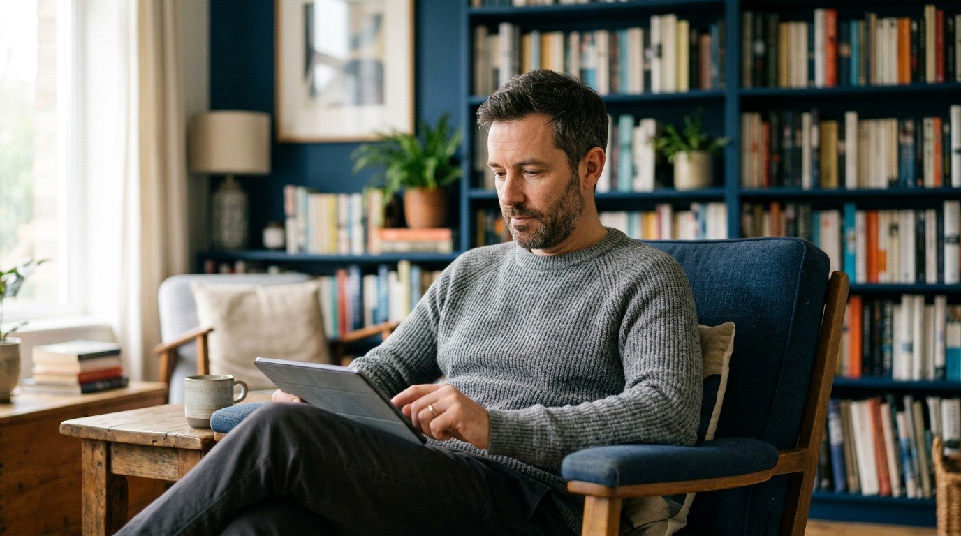 A thoughtful man on his tablet learning about scale ai careers from his living room.