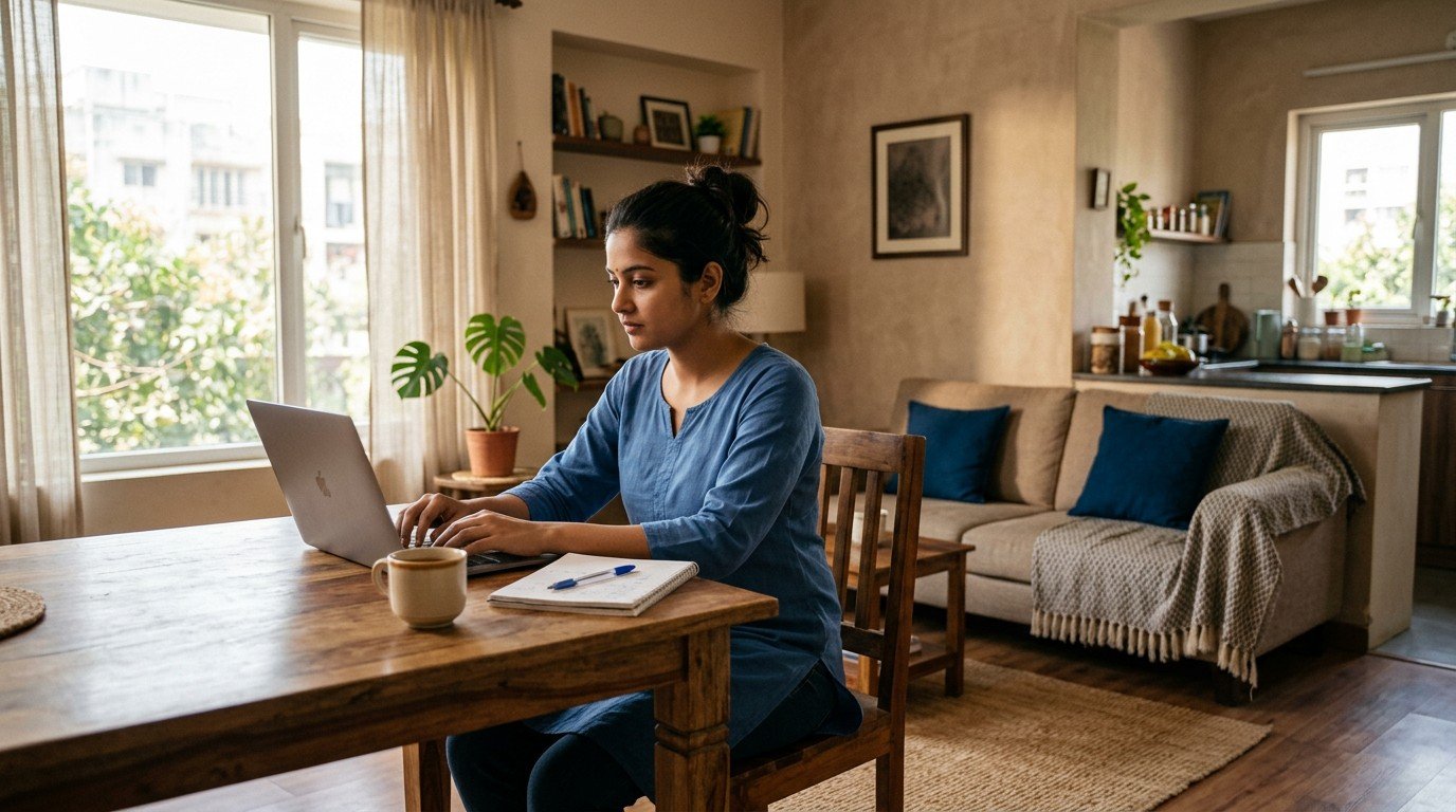 A young Indian woman works on her laptop at home, exploring remote ai jobs for freshers.