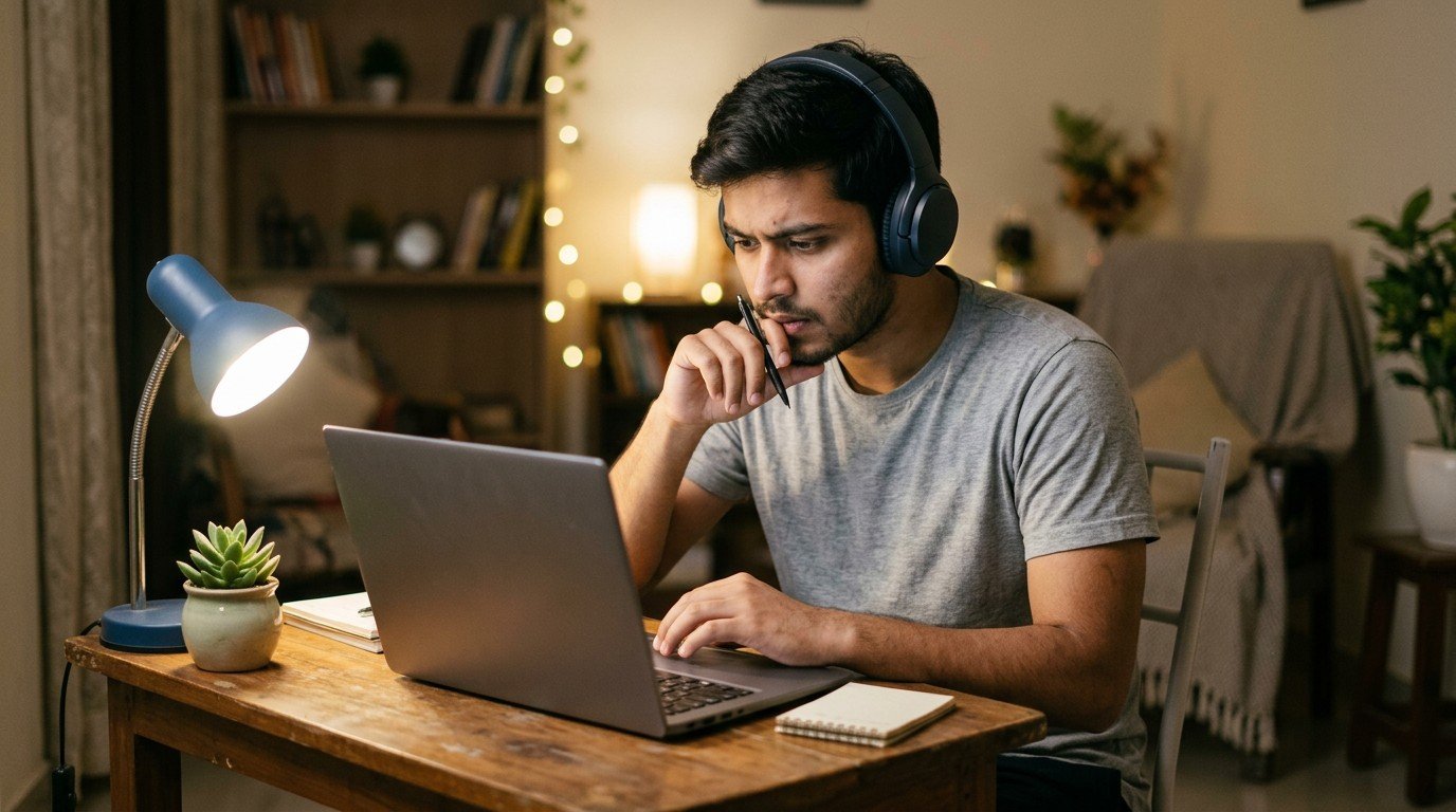 A young man concentrates on a screening test for online ai jobs for freshers.