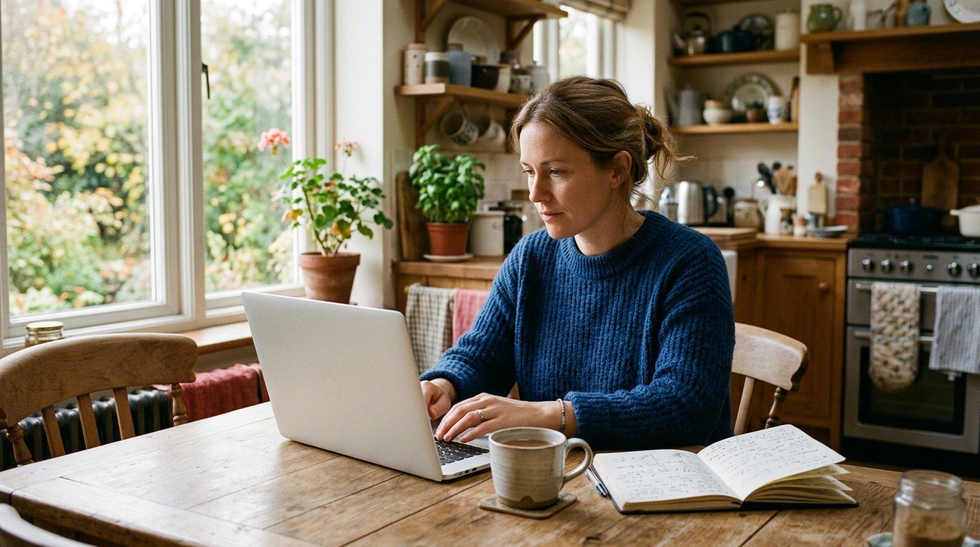 A woman searches for anthropic jobs on her laptop at a sunny kitchen table.