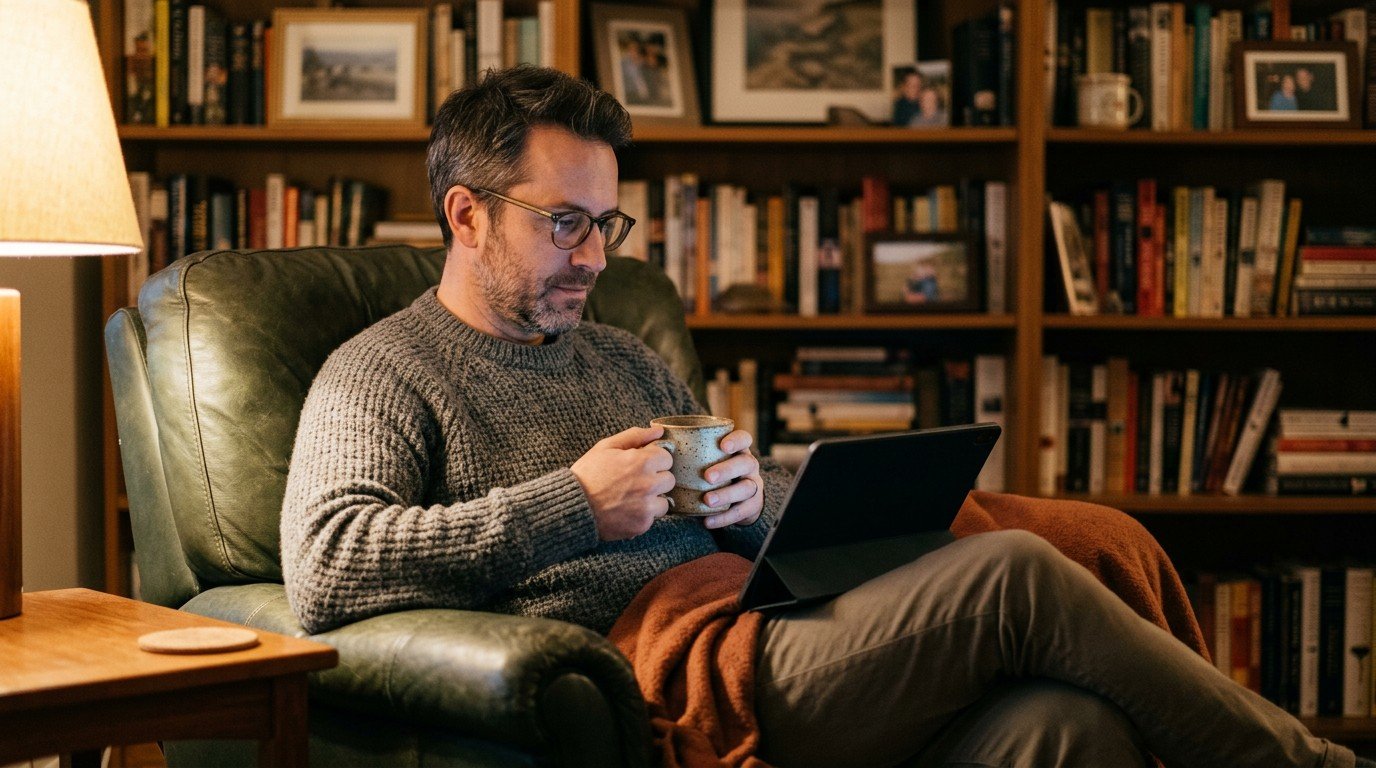 A man relaxes in an armchair, exploring how to use ai to improve engagement on your webpages.