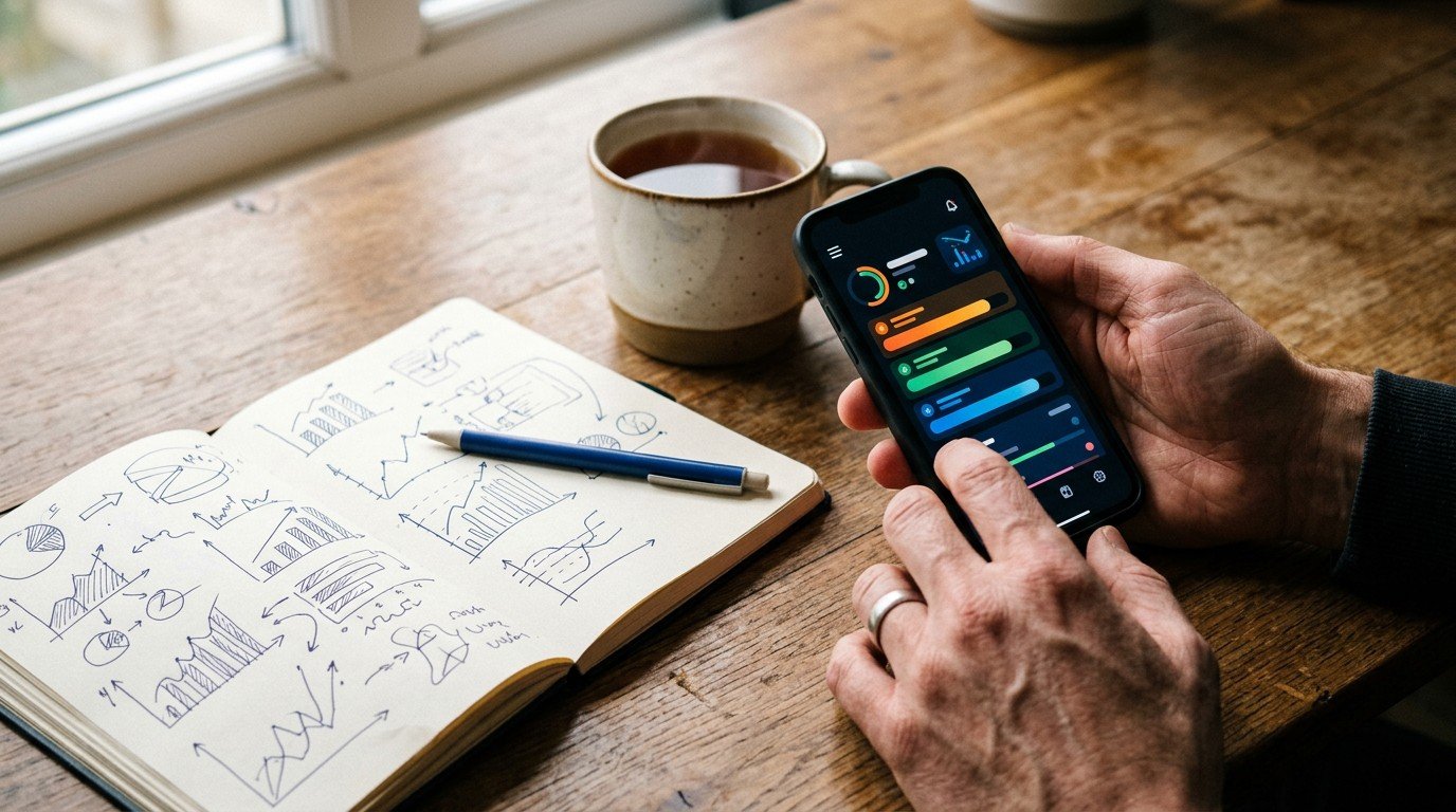 A close-up of a phone and notebook used to track earnings from ai jobs for freshers.