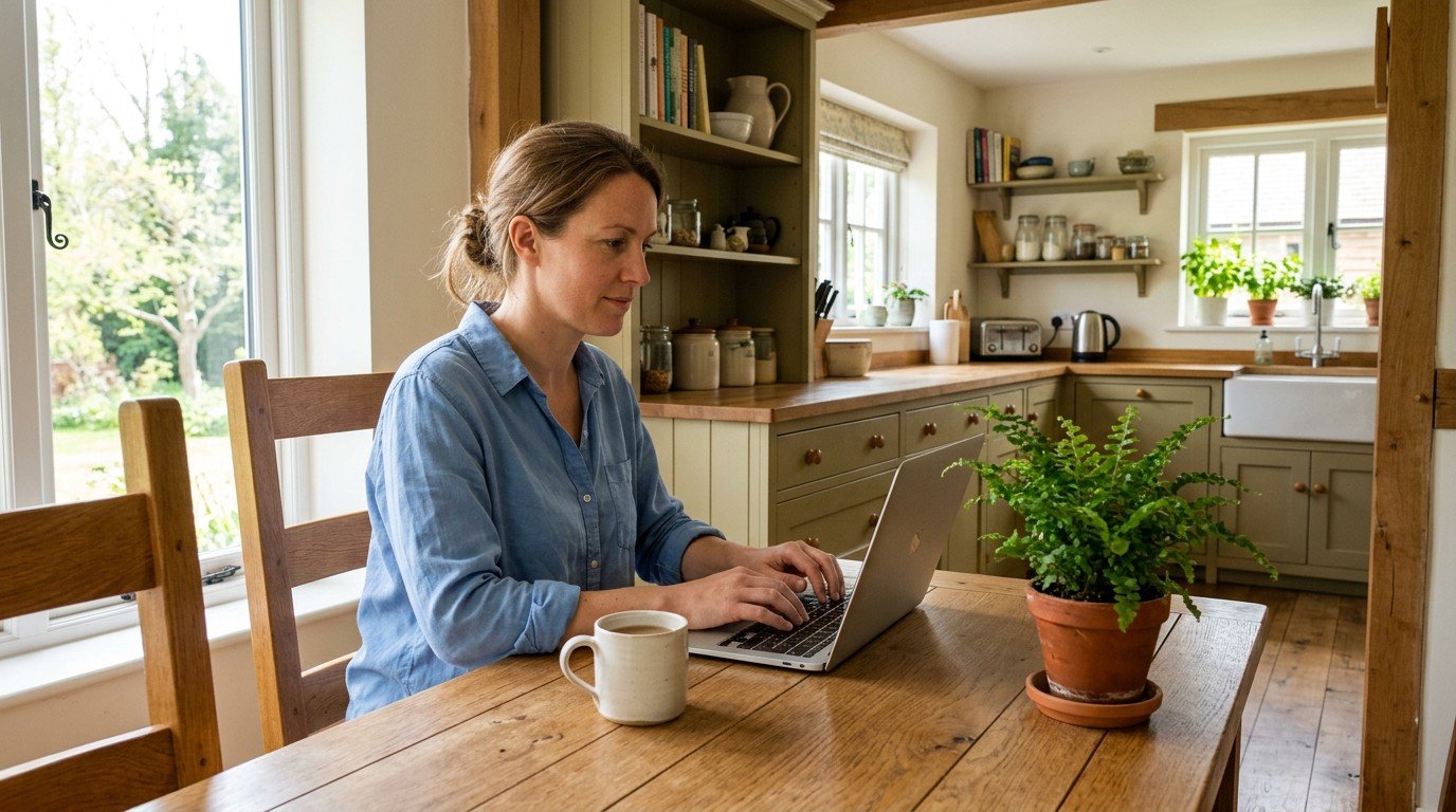 A woman works on her laptop at home to use ai to improve engagement on your webpages.
