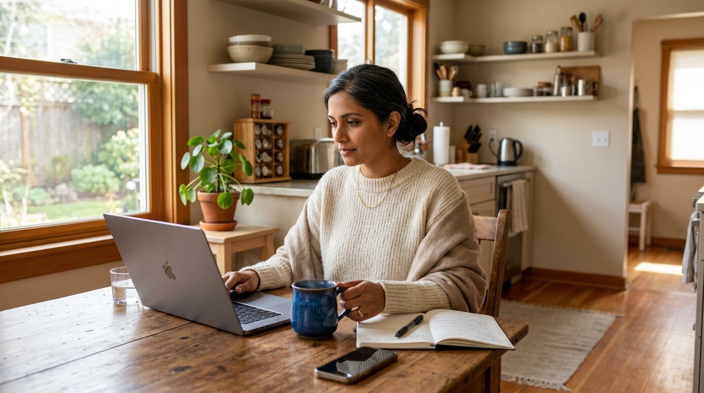 A woman works on her laptop at a kitchen table, searching for ai jobs remote in a sunny home.