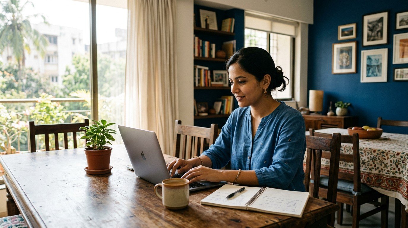 An Indian woman working on a laptop at her dining table researching remote openai careers.
