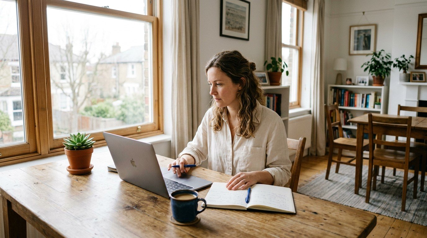 An Indian woman researching scale ai careers on her laptop at her sunny kitchen table.