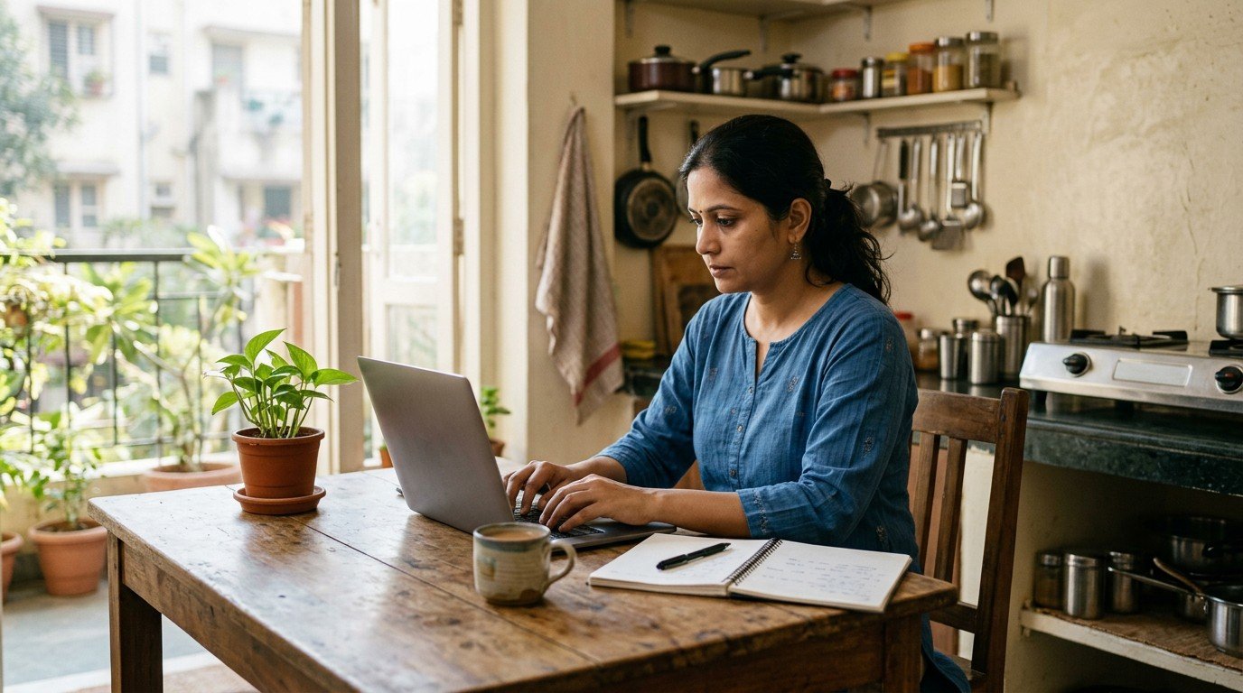 An Indian woman works on her laptop at home, preparing to apply for ai trainer jobs.