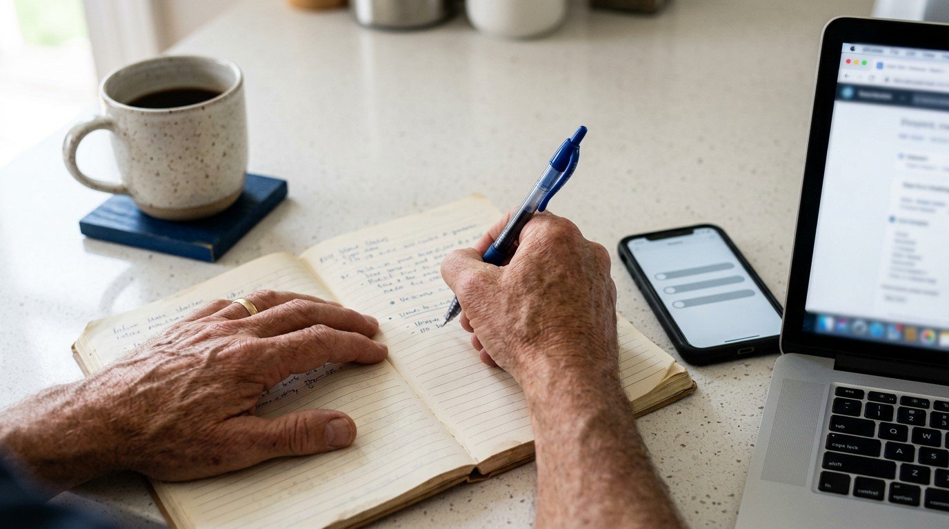 Close up of hands writing in a notebook while looking up remote openai careers.