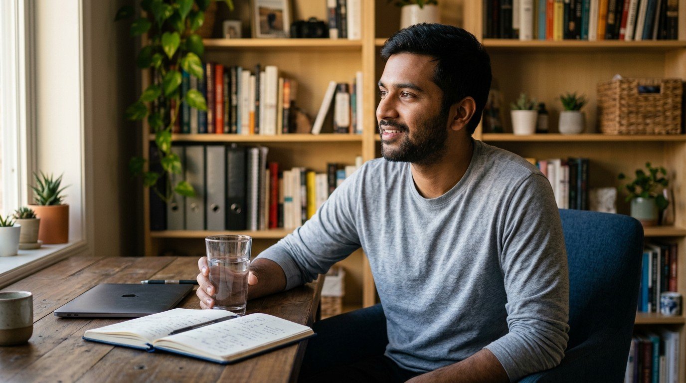 A young man sits at his desk, contemplating his experience applying for ai sales jobs.