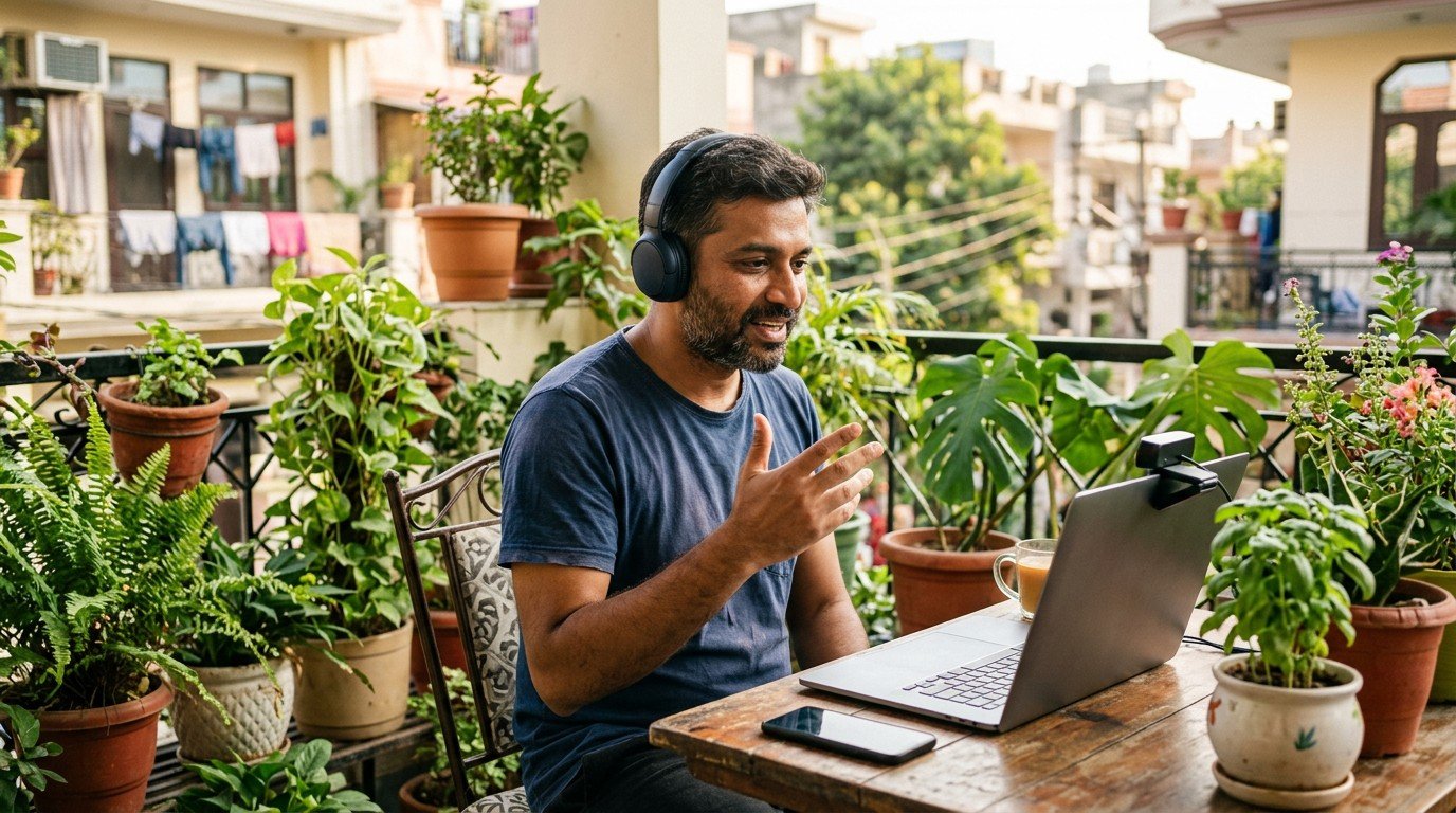 A man on a plant filled balcony in India on a video call, weighing ai product manager jobs from home.