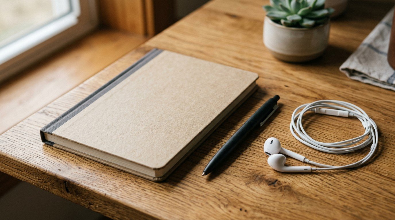 A closed notebook, pen and headphones on a desk, ready for an ai sales jobs application.