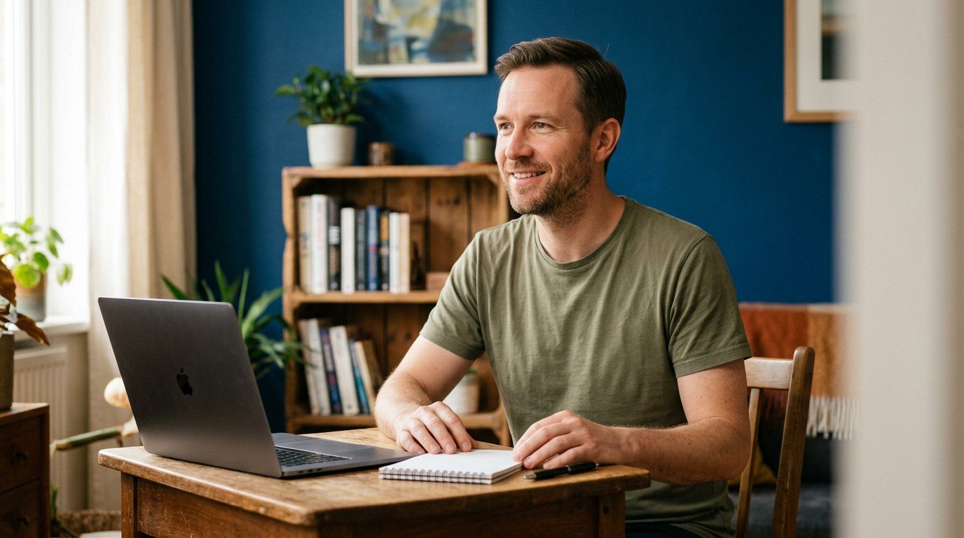 A man at a home desk with a notepad considers non engineering shield ai jobs.