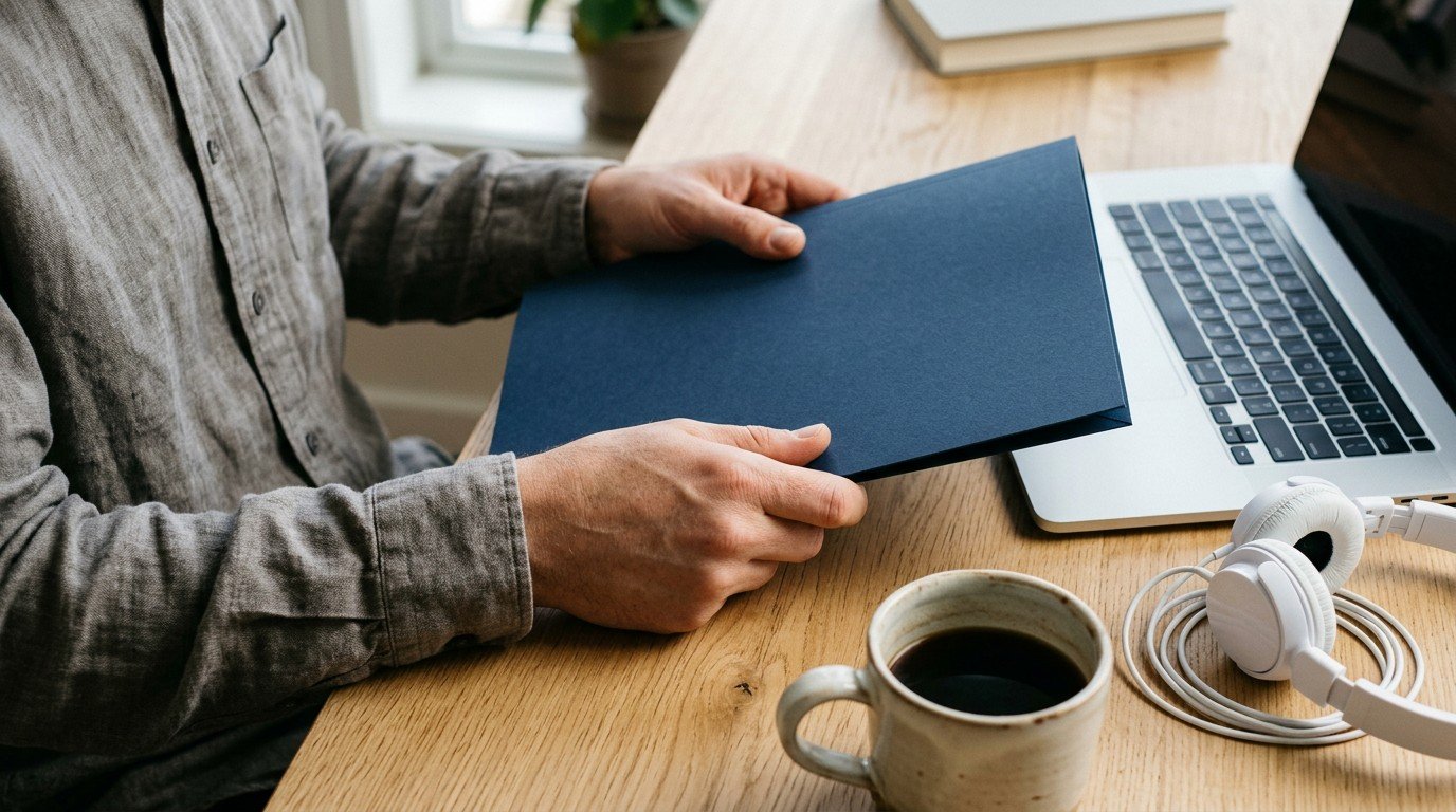 Hands hold a closed blue folder beside a laptop while checking shield ai jobs clearance lines.