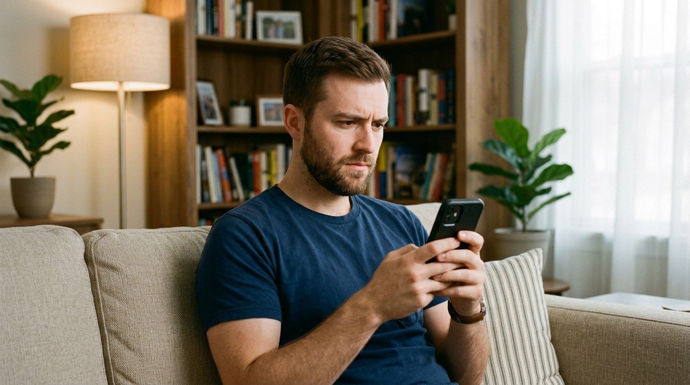 Man on a sofa checking a phone message about an online data analyst telus offer