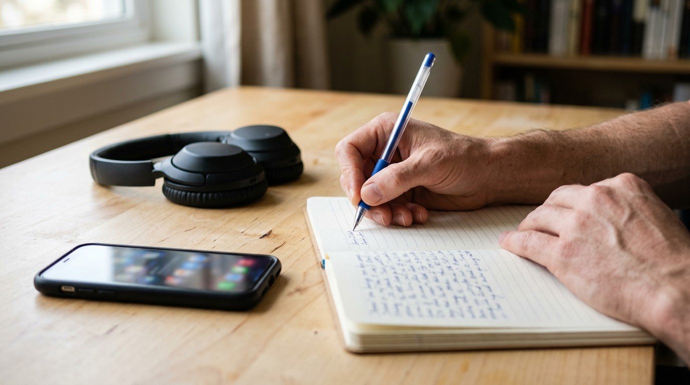 A close up of hands taking notes next to a phone while preparing for ai safety jobs.