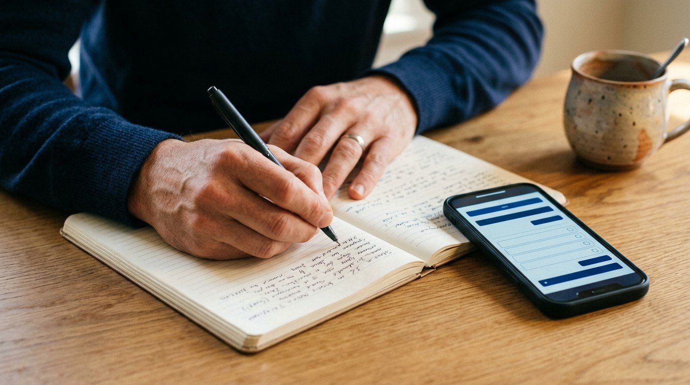 Hands taking notes next to a smartphone showing tasks for freelance snorkel ai careers.
