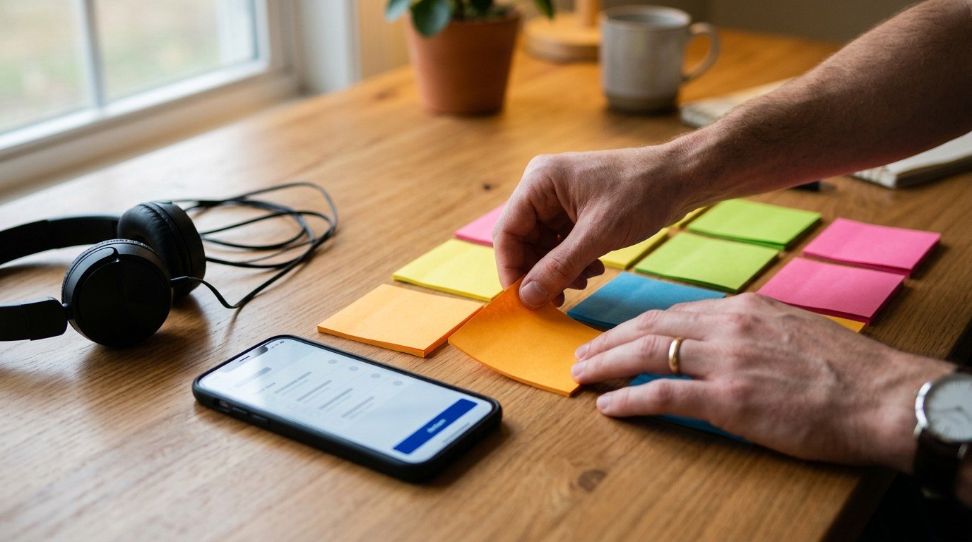 Close-up of hands organizing tasks on a desk while preparing for new ai engineering jobs.