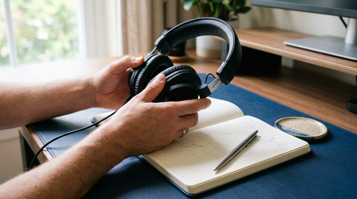 Headphones held over a paper planner on a blue desk, the kit evaluation ai specialist jobs ask for.