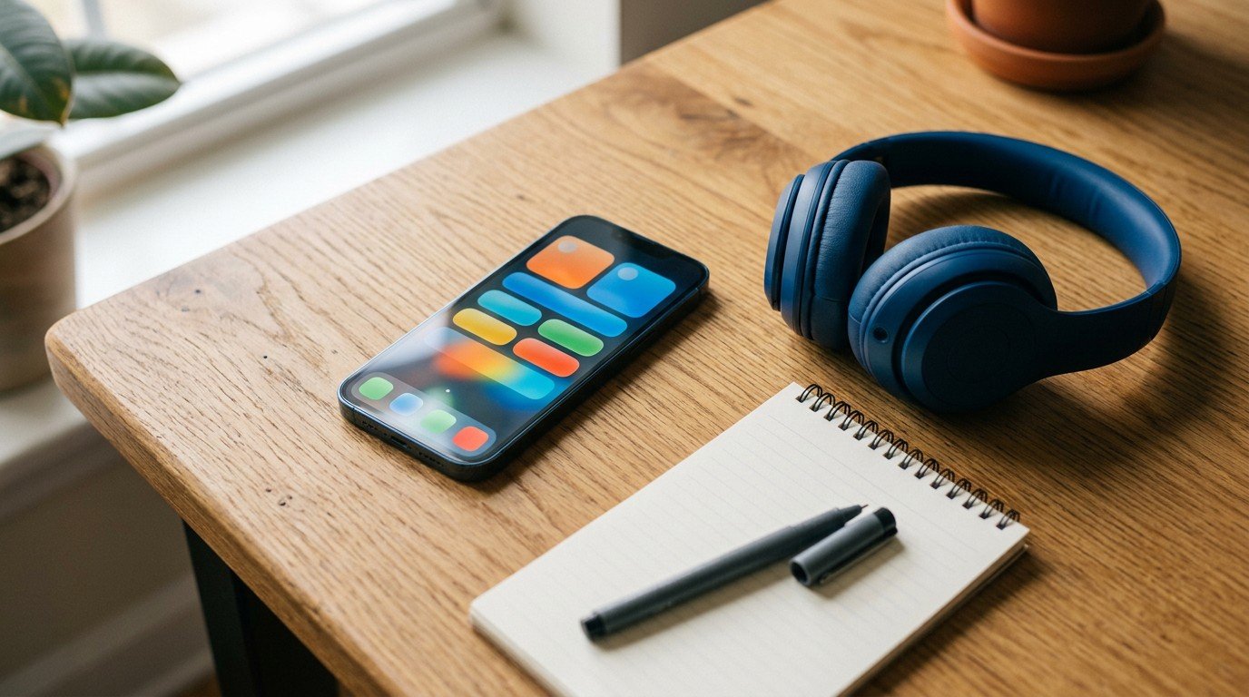 A smartphone showing a task app next to headphones, representing tools for ai testing jobs.