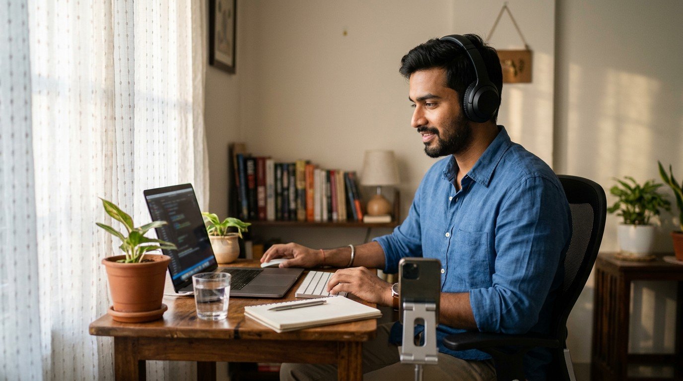 A man in a home office in India reads about google deepmind jobs on his laptop.