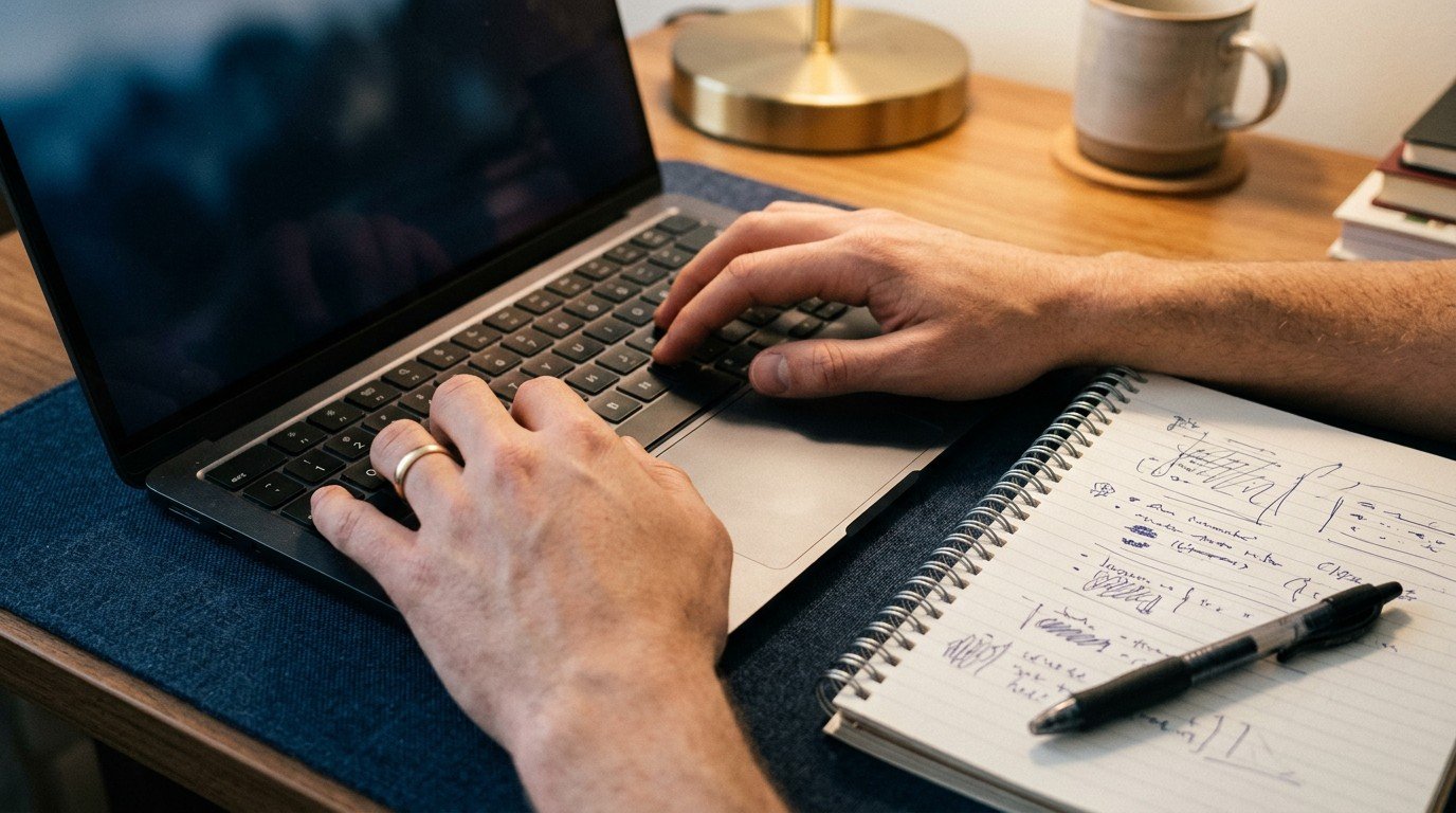 Hands typing on a laptop while analyzing tasks for ai generalist jobs.