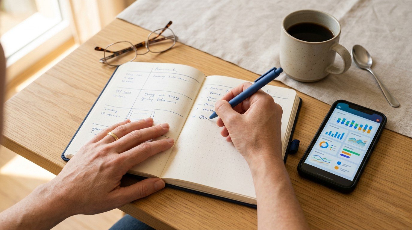 Hands taking notes next to a smartphone while reviewing different ai consultant jobs on a desk.