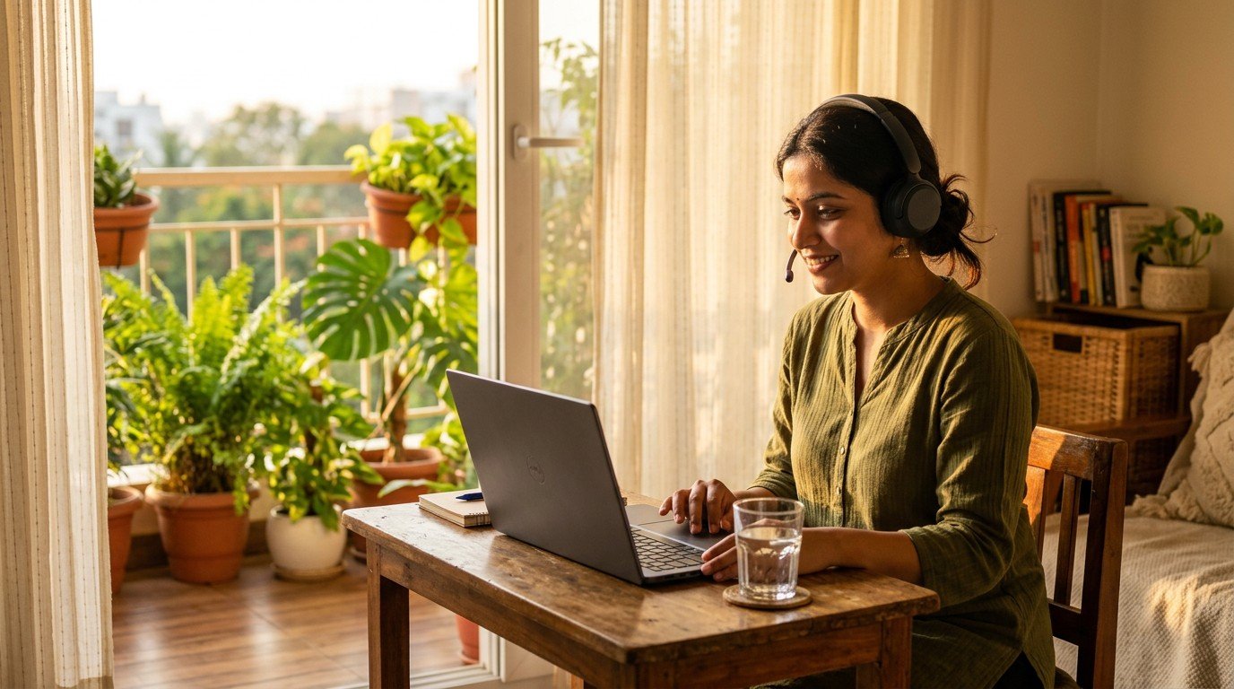 An Indian woman works remotely from her home office, applying for global ai safety jobs.