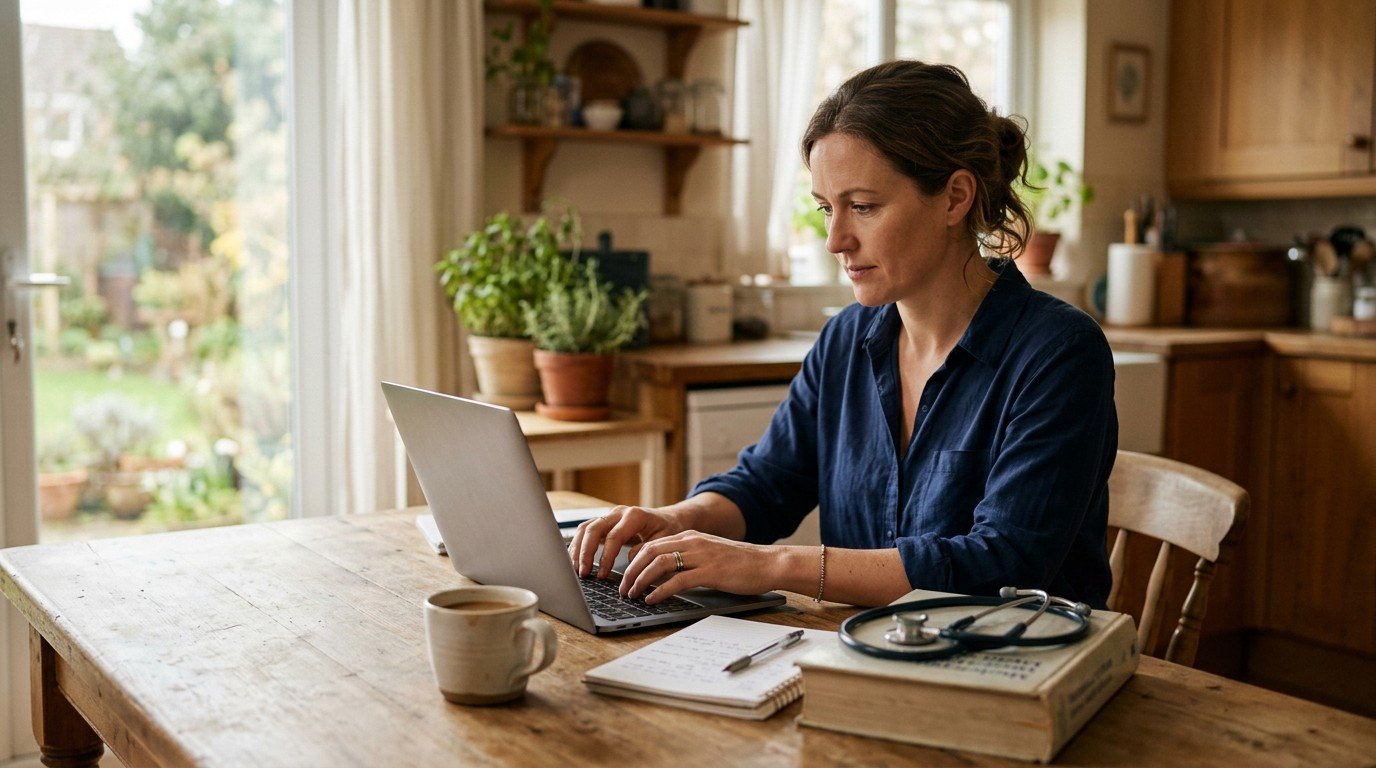 Nurse at a kitchen table laptop with a stethoscope nearby, reviewing ai nursing jobs from home
