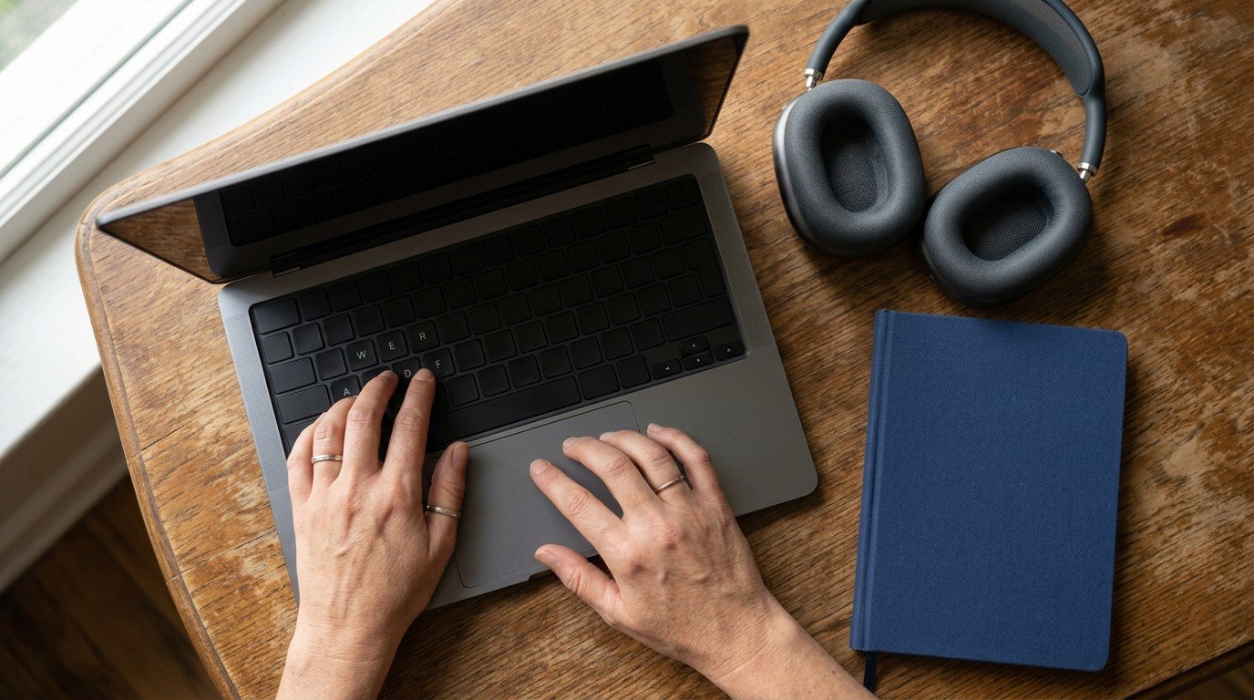 Hands typing on a personal laptop beside headphones, the setup cohere ai careers annotation contracts ask for.