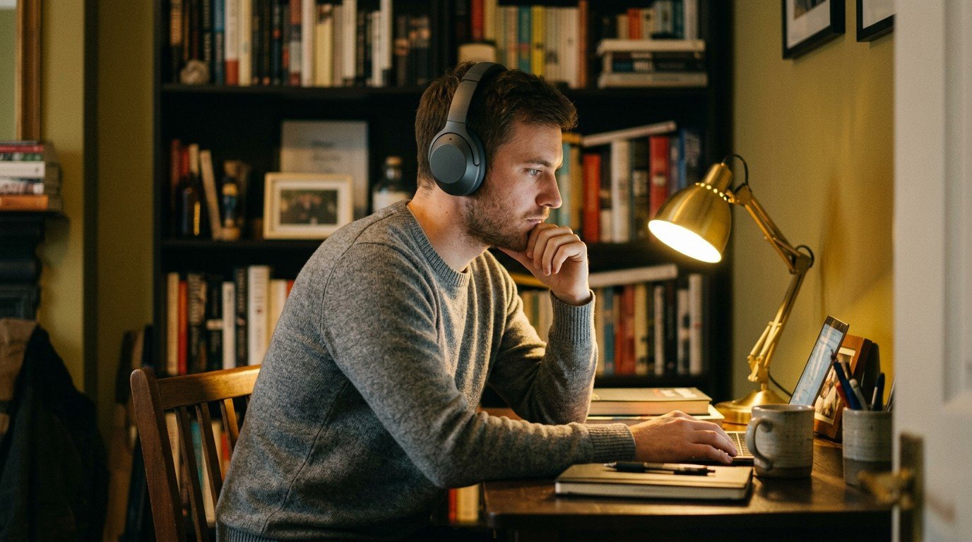A man wearing headphones analyzes content on his screen, representing safety tasks in ai analyst jobs.