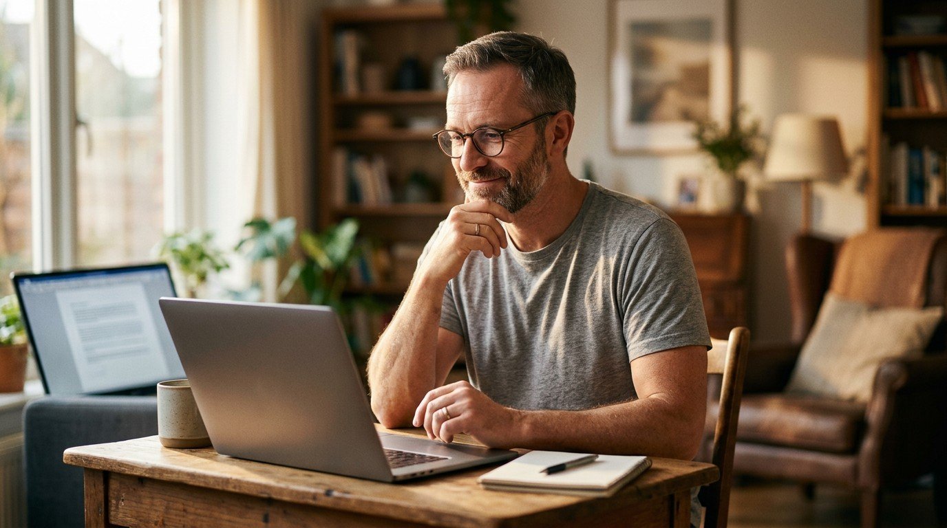 A man smiles thoughtfully while analyzing his screen during tasks for ai testing jobs.