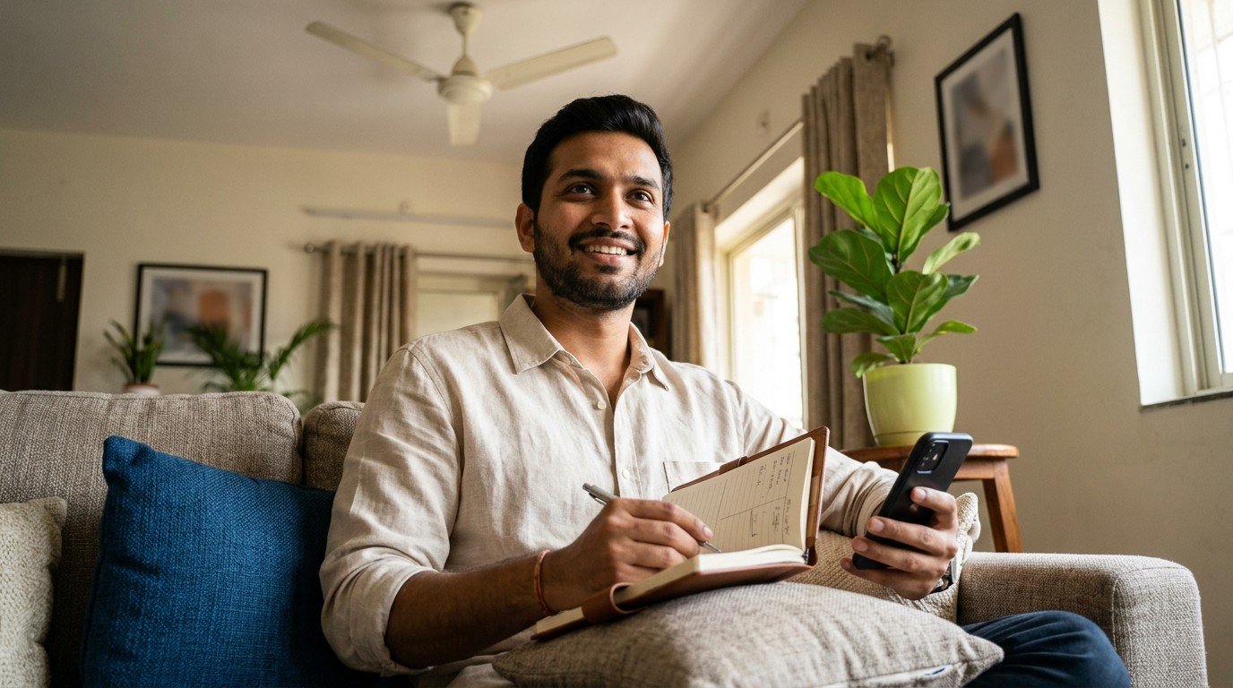 A man in India looks at his phone while applying for remote huggingface careers from home.