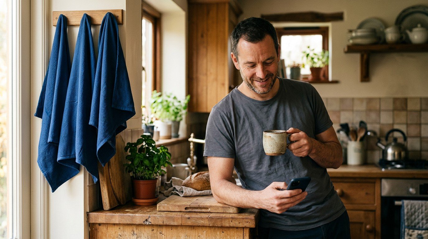 A man in his kitchen checks his phone for replies to ai specialist jobs he applied for.