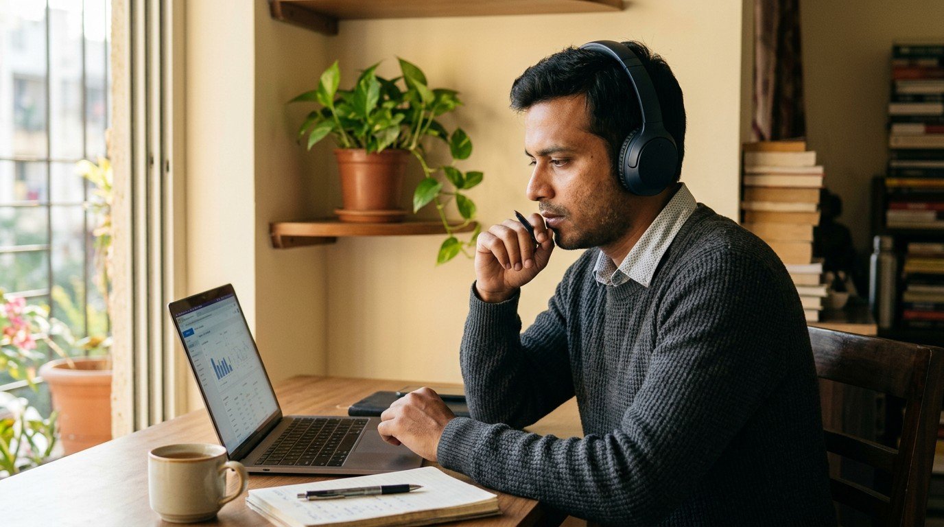 A man in a home office in India wears headphones while reviewing ai generalist jobs on a laptop.