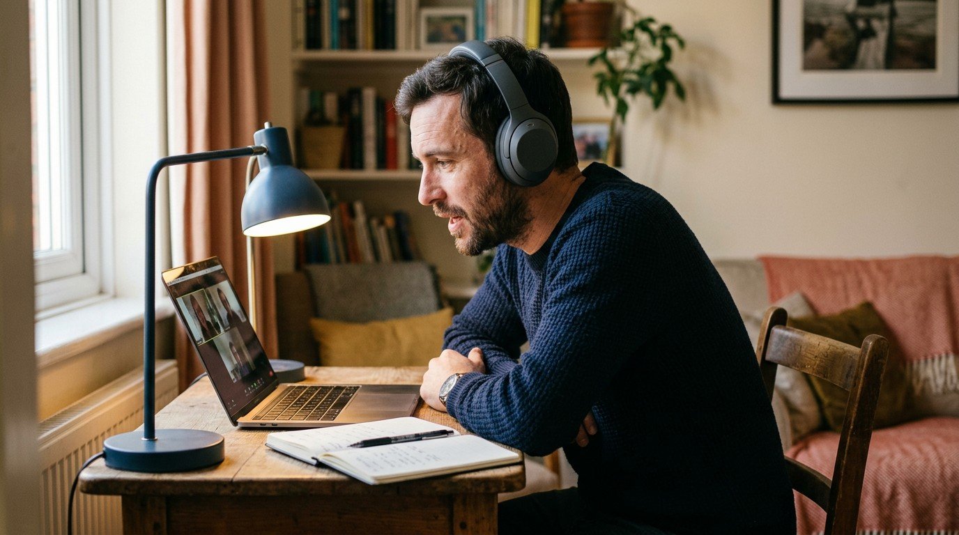 A man wearing headphones interviews at his home desk for an ai solutions architect role.