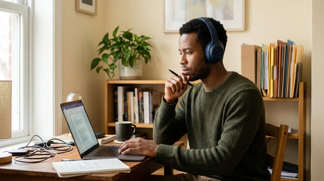 A young man wearing headphones researches ai automation jobs from a quiet corner of his home.