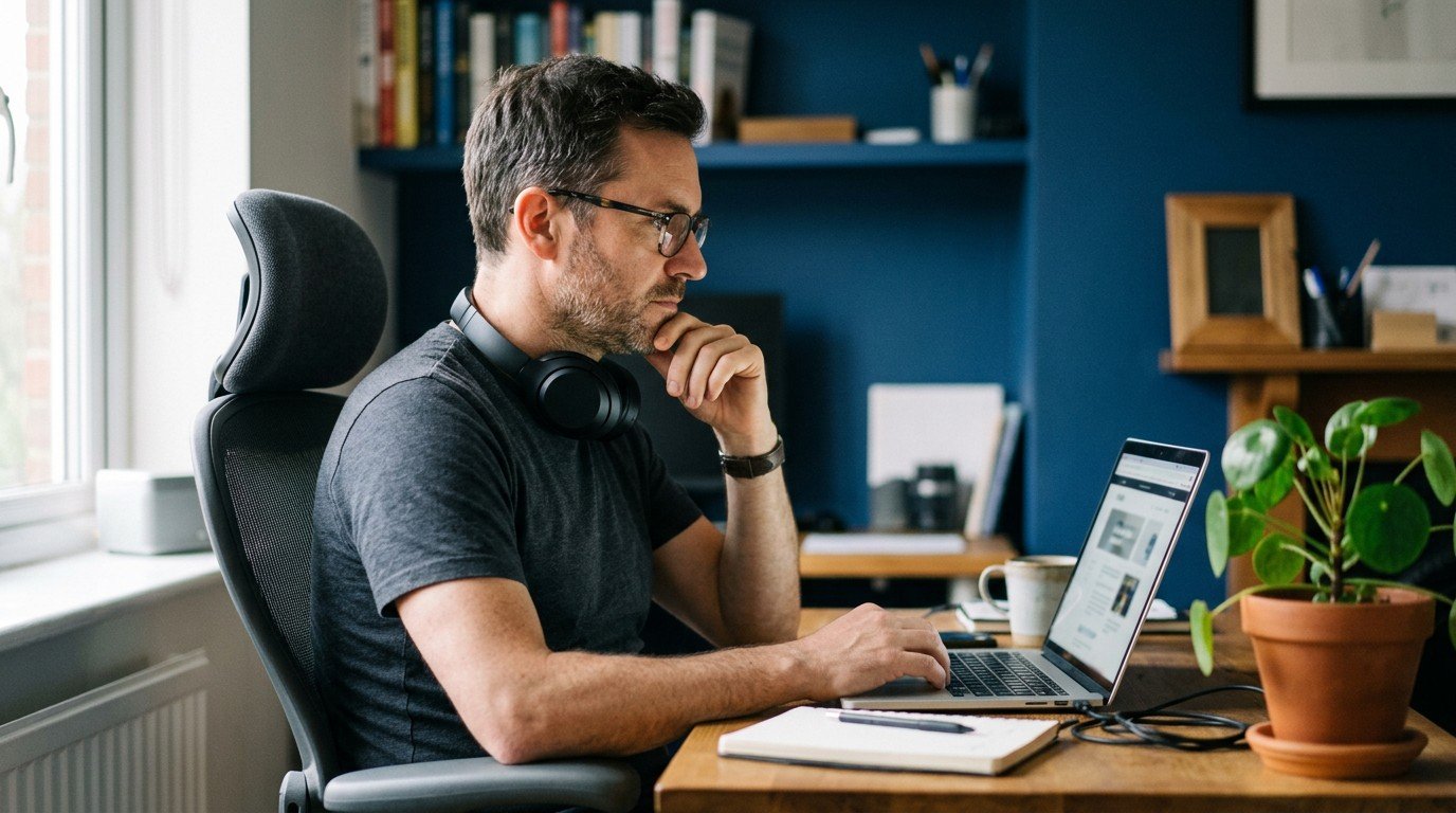 A man carefully researching uber ai jobs on his laptop at his home desk.