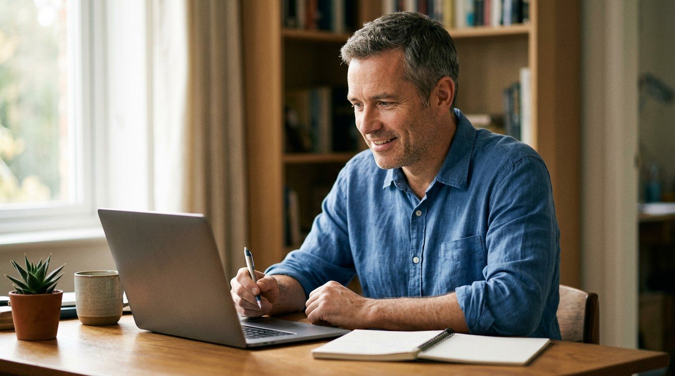 A man works on a laptop at home, exploring surge ai careers opportunities.