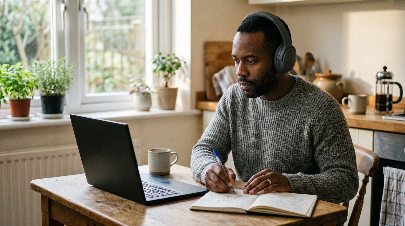 A man takes notes at his kitchen table, preparing to apply for AI governance jobs.