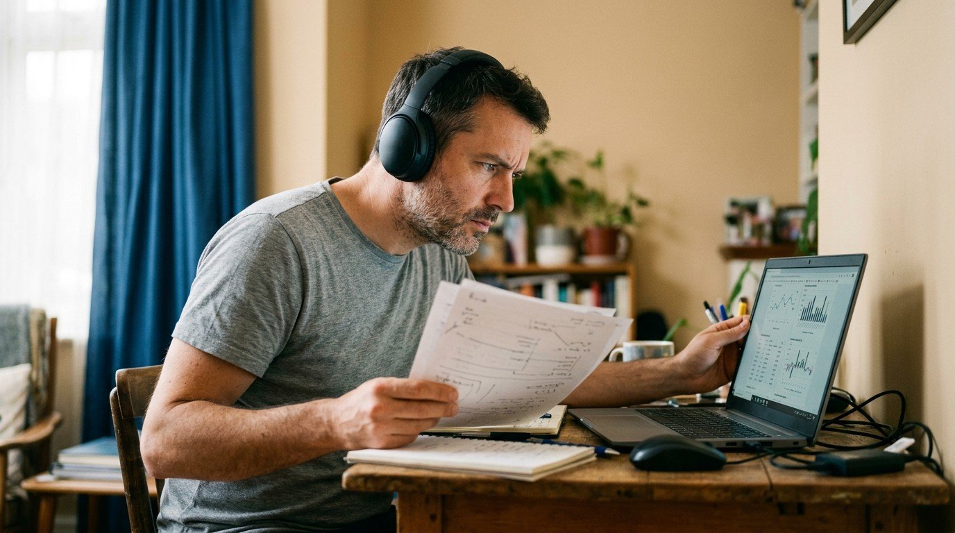 A man carefully verifying details of meta ai jobs on his laptop and document.